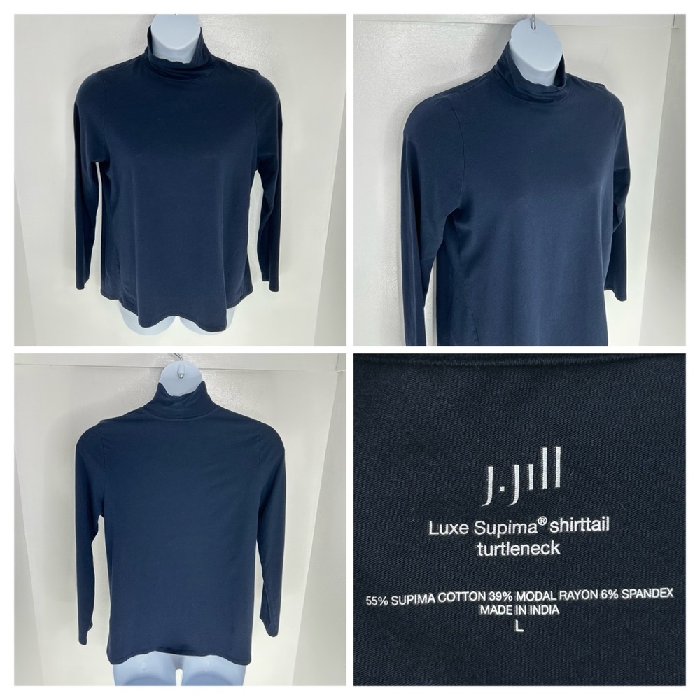 J. Jill Luxe Supima Shirttail Turtleneck Shirt Womens Large Navy Office Cozy